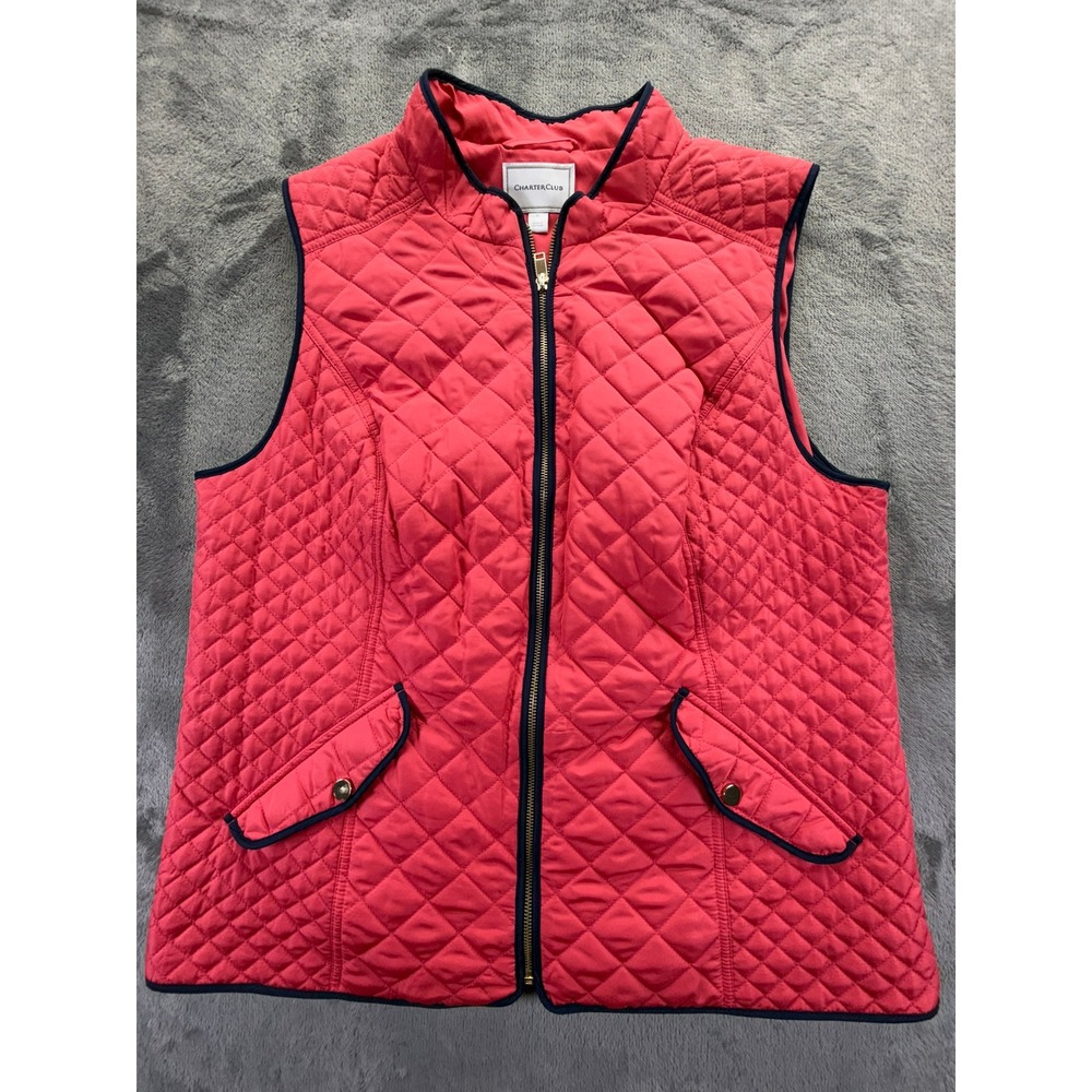 Charter Club Womens Coral Pink Quilted Vest Navy Trim Zip Front XL 100067663